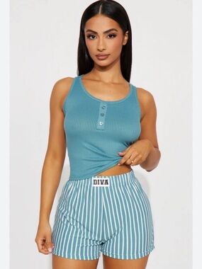 Diva Teal Ribbed Tank & Striped Shorts Set